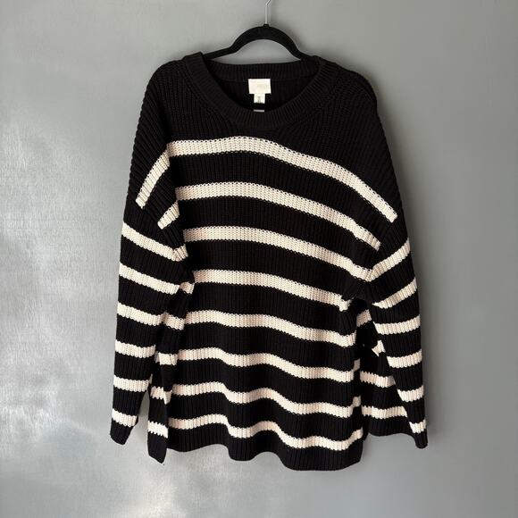 H&M Women's Large Black White Stripes Heavy Knit Pullover Sweater Side Slits - Picture 1 of 10